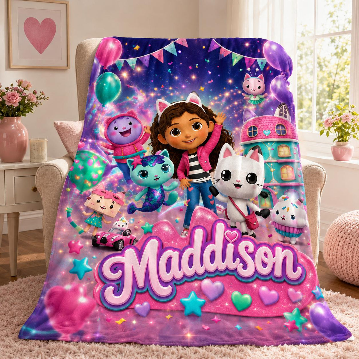 Custom Princess Dollhouse Flannel Blanket, Personalized Pink Cat Name Throw, Toddler Girl Birthday Gift, Kids Soft Plush Bedding Decor