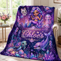 Personalized Mermaid Blanket for Girls Custom Name Galaxy Ocean Flannel Throw Magical Purple Sea Turtle Dolphin Kids Birthday Gift Decor