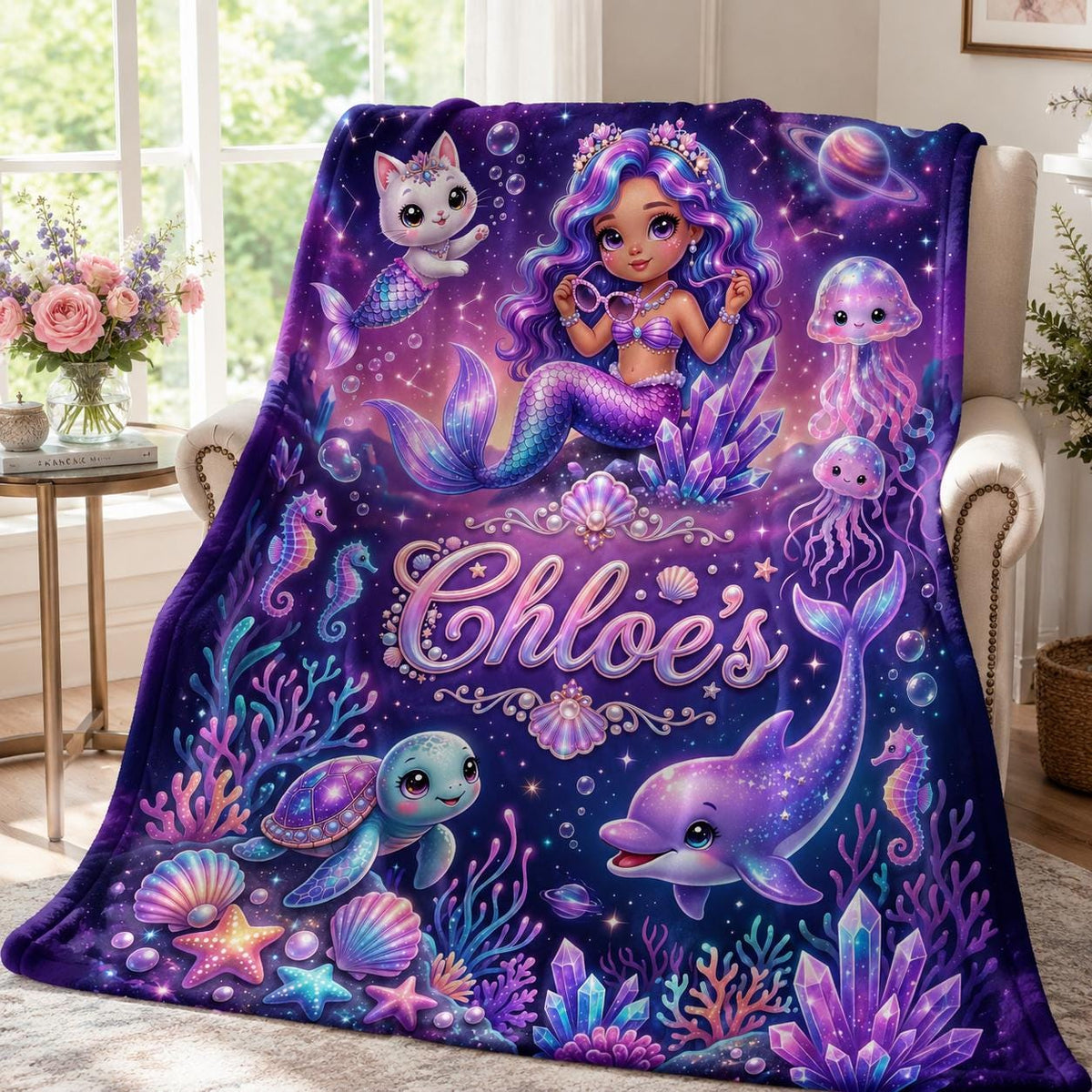Personalized Mermaid Blanket for Girls Custom Name Galaxy Ocean Flannel Throw Magical Purple Sea Turtle Dolphin Kids Birthday Gift Decor