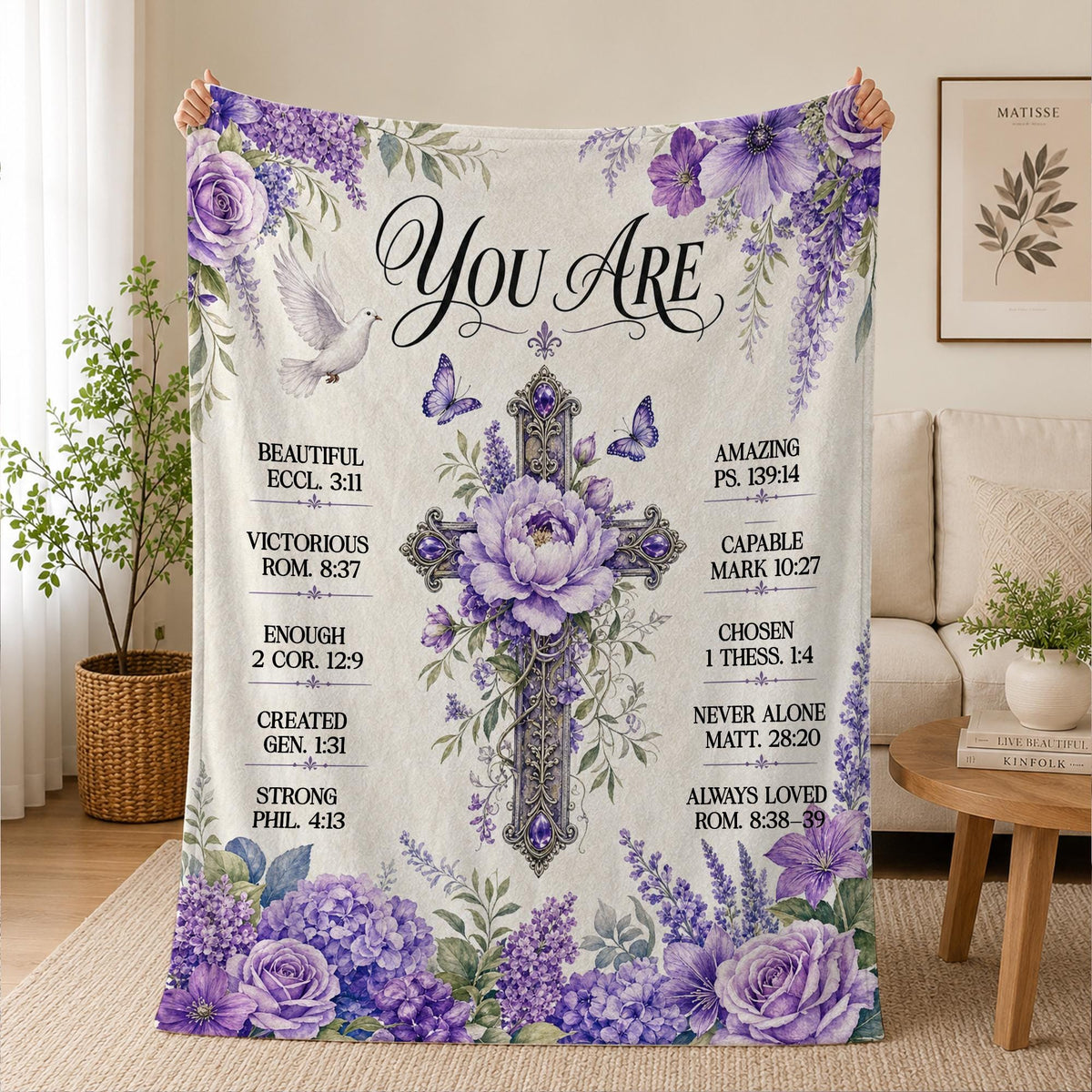 Inspirational Floral Bible Verse Blanket, Christian Keepsake, Baptism Gift, Fleece Quilt