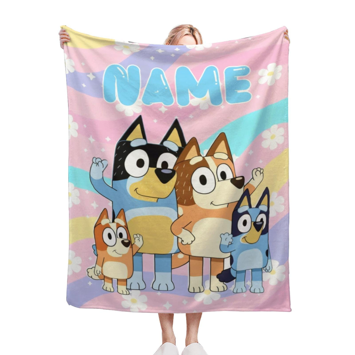 Custom Name Blue Dog Family Flannel Blanket, Personalized Cartoon Puppy Kids Throw, Custom Baby Name Blanket Gift