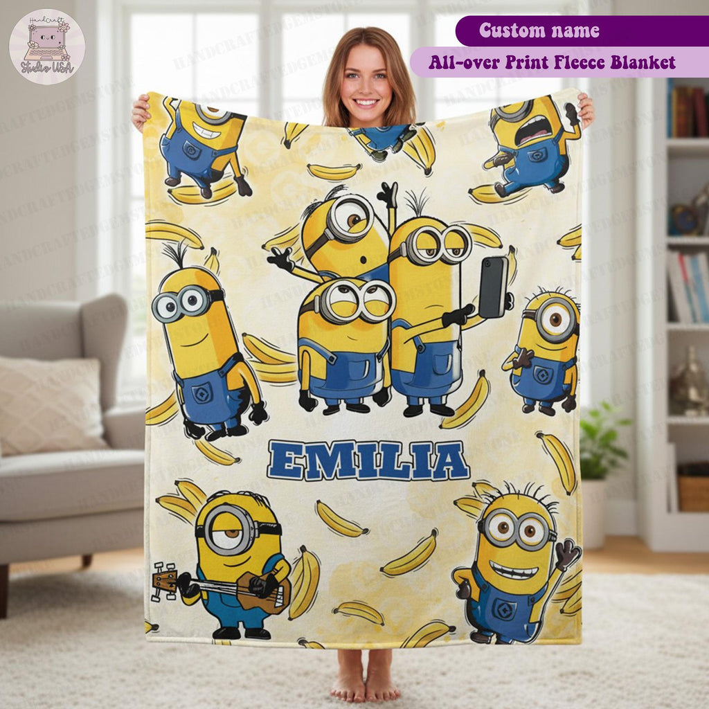 Personalized Cartoon Character Blanket, Custom Name Fleece Blanket, Kids Birthday Gift, Cute Yellow Character Throw, Cozy Blanket