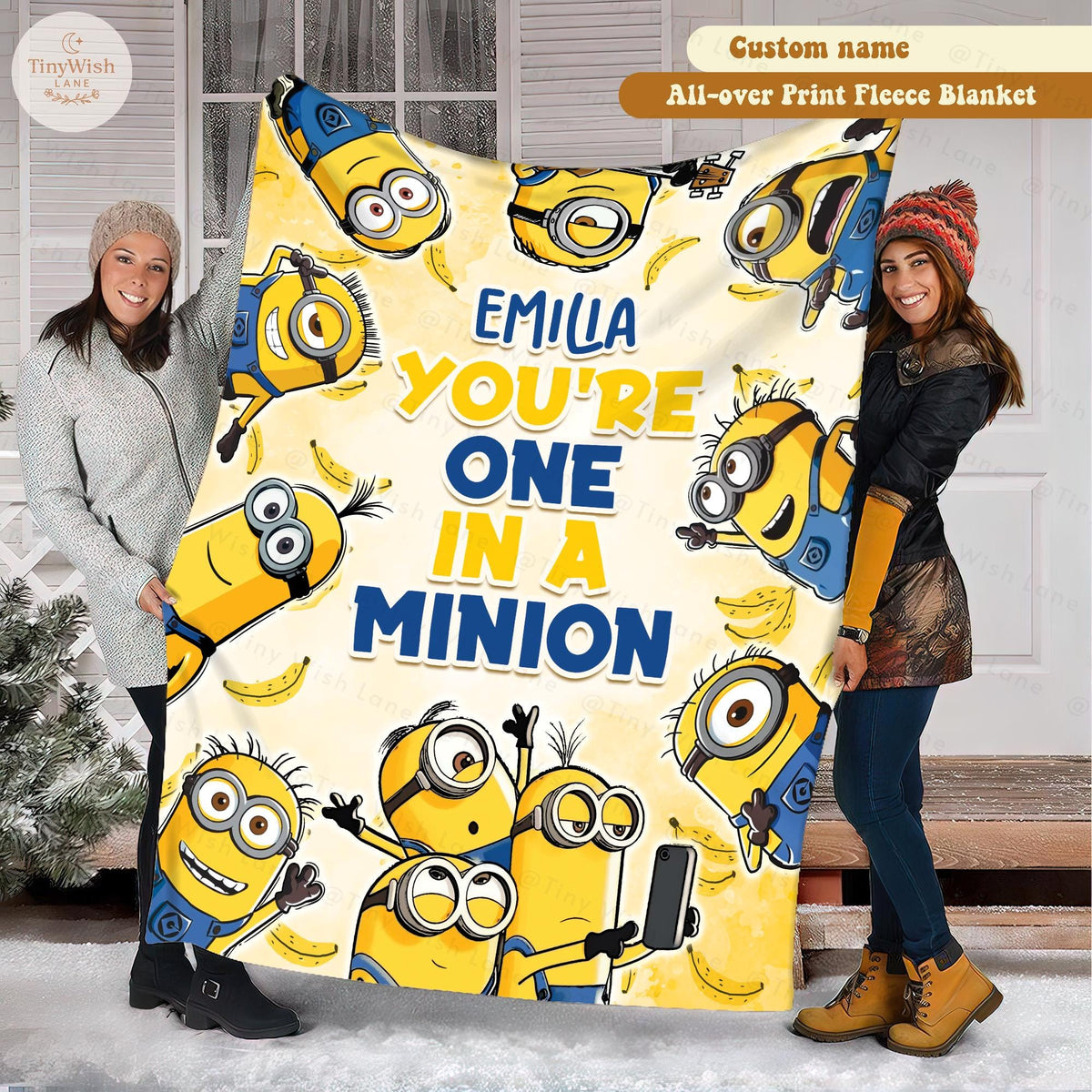 Personalized Cartoon Character Blanket, Custom Name Fleece Blanket, Kids Cute Birthday Gift, Yellow Monster Inflated Throw Blanket