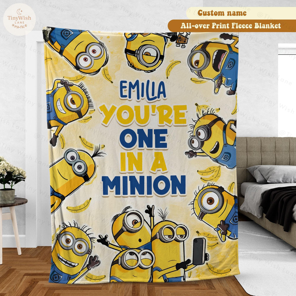 Personalized Cartoon Character Blanket, Custom Name Fleece Blanket, Kids Cute Birthday Gift, Yellow Monster Inflated Throw Blanket