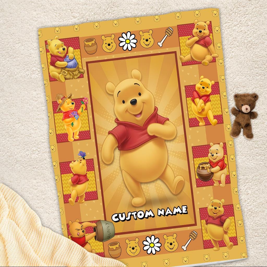 Personalized Winnie the Pooh Baby Blanket, Custom Name Pooh Bear Blanket, Birthday Gifts Disneyland Christmas Gift For Her, Birthday Gift