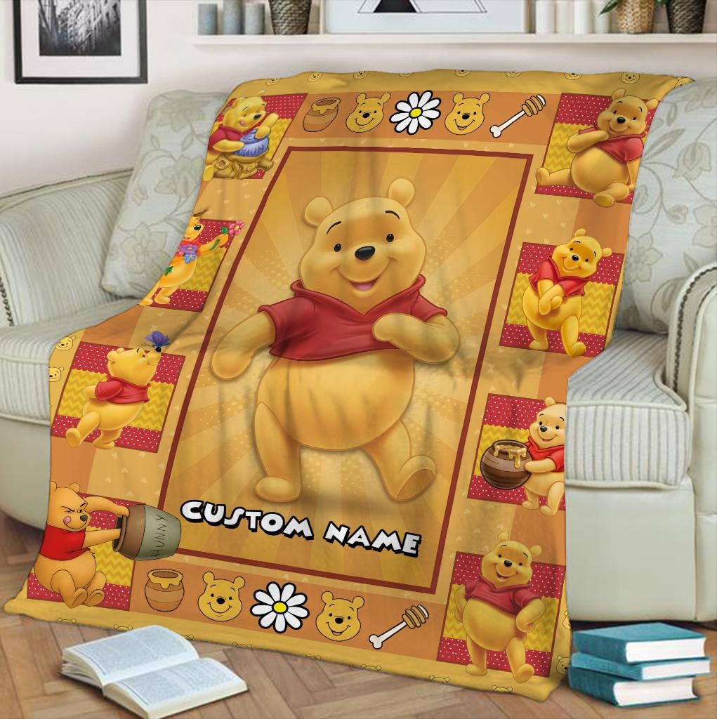 Personalized Winnie the Pooh Baby Blanket, Custom Name Pooh Bear Blanket, Birthday Gifts Disneyland Christmas Gift For Her, Birthday Gift
