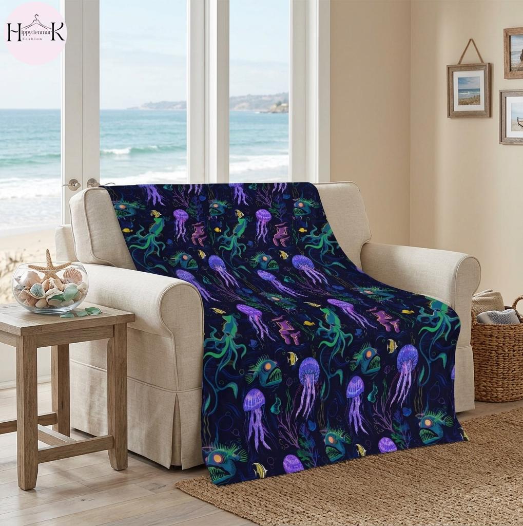 Glow in the Dark Ocean Blanket, Jellyfish Squid Anglerfish Throw, Colorful Marine Life Fleece Blanket