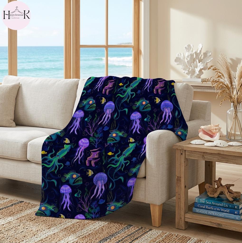 Glow in the Dark Ocean Blanket, Jellyfish Squid Anglerfish Throw, Colorful Marine Life Fleece Blanket