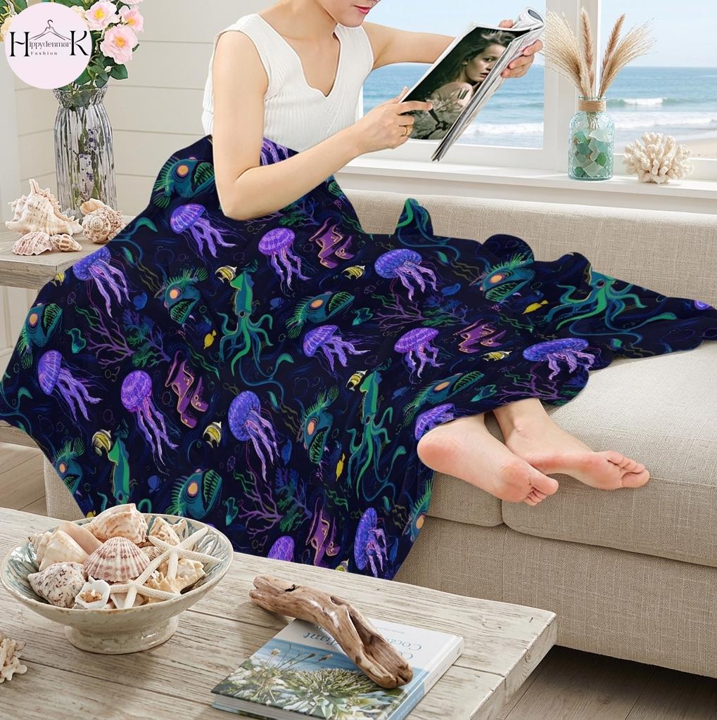 Glow in the Dark Ocean Blanket, Jellyfish Squid Anglerfish Throw, Colorful Marine Life Fleece Blanket