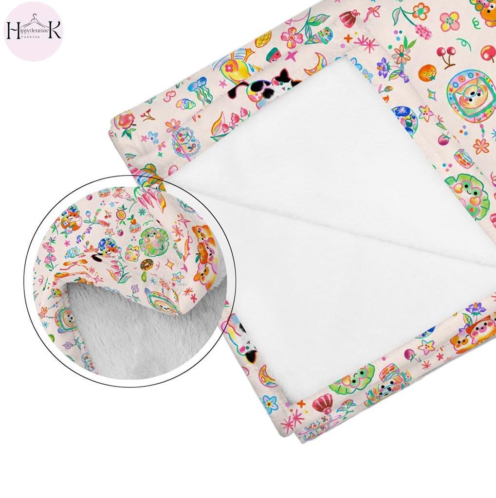 Cute Kawaii Blanket, Pastel Teddy Bear Cat Bunny Fleece Throw, Coquette Cottagecore Blanket, Cozy Gift for Girls