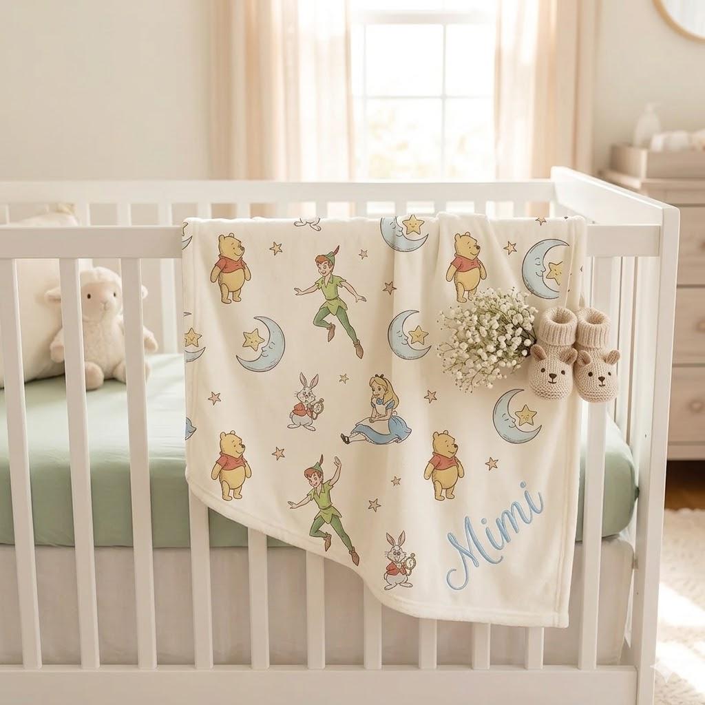 Custom Name Disney Nursery Baby Blanket, Disney Baby Plushy Blanket, Personalized Baby Shower Gift, Nursery Disney Baby Blanket