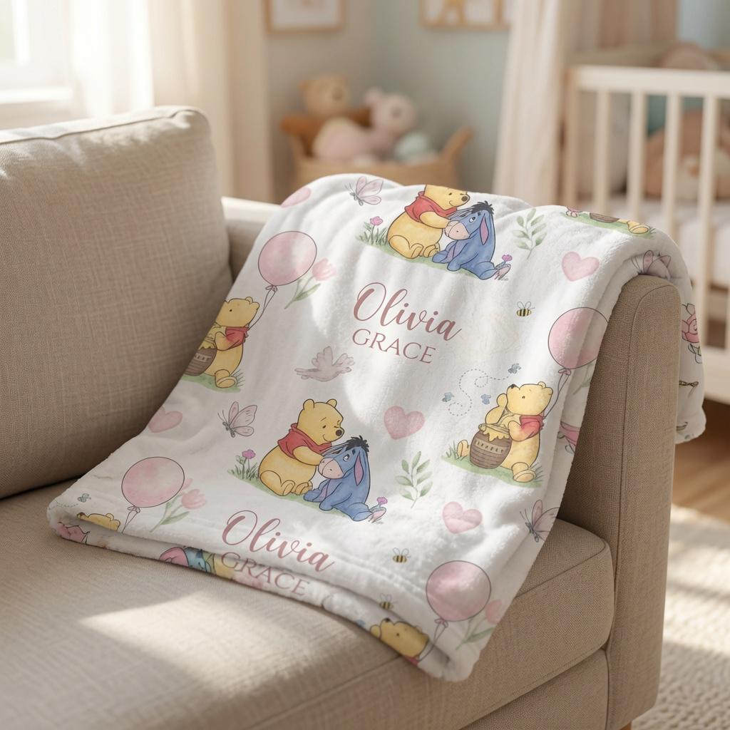 Personalized Classic Winnie the Pooh Blanket, Custom Hundred Acre Wood Nursery Plushy Blanket, Vintage Pooh and Friends Blanket