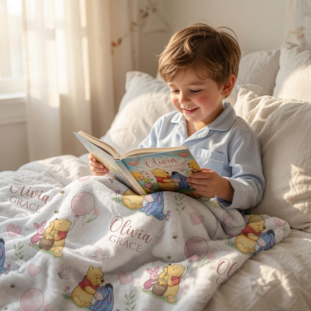 Personalized Classic Winnie the Pooh Blanket, Custom Hundred Acre Wood Nursery Plushy Blanket, Vintage Pooh and Friends Blanket
