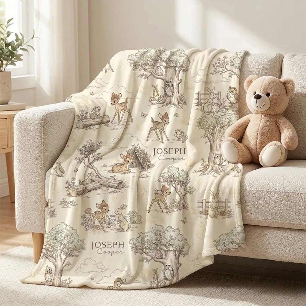 Bambi Thumper Personalized Woven Blanket, Custom Disney Forest Nursery Decor, Woodland Deer Baby Shower Gift, Bambi Nursery Plushy Blanket