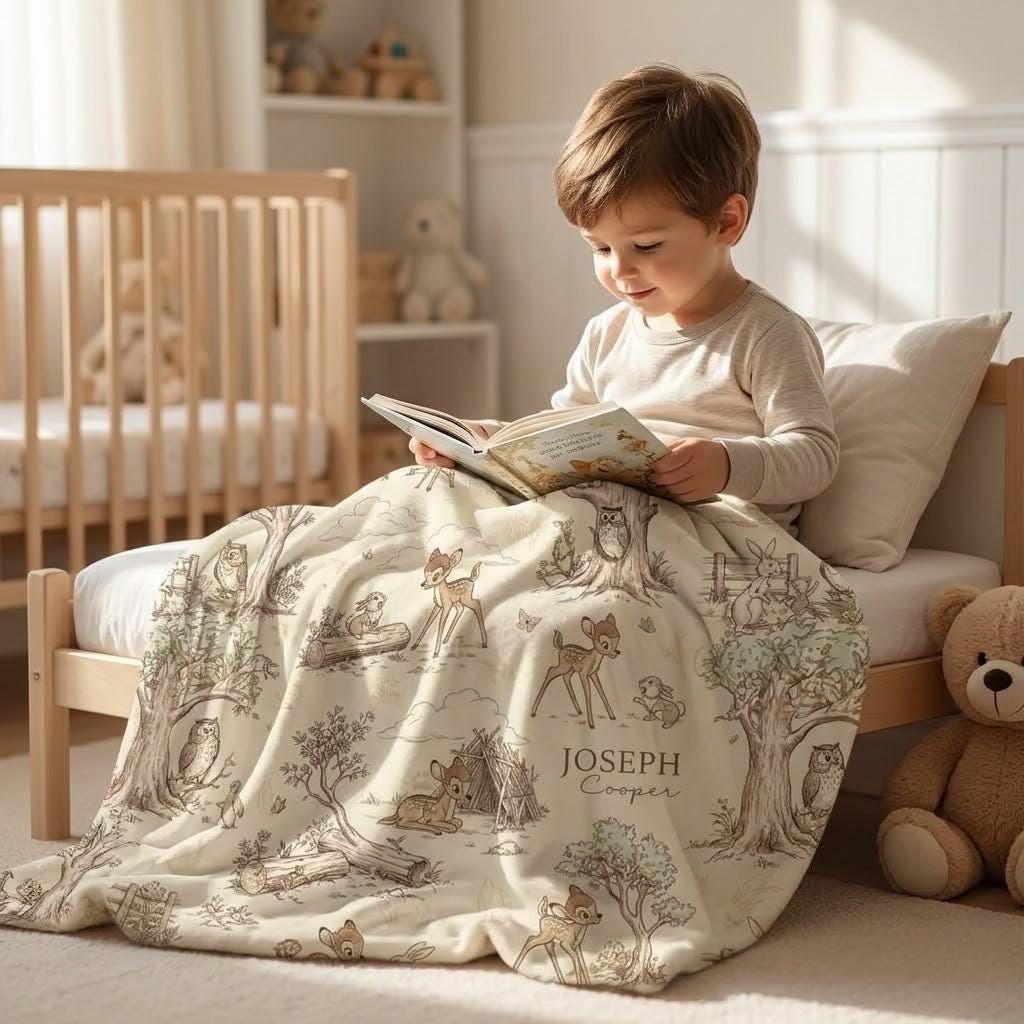 Bambi Thumper Personalized Woven Blanket, Custom Disney Forest Nursery Decor, Woodland Deer Baby Shower Gift, Bambi Nursery Plushy Blanket