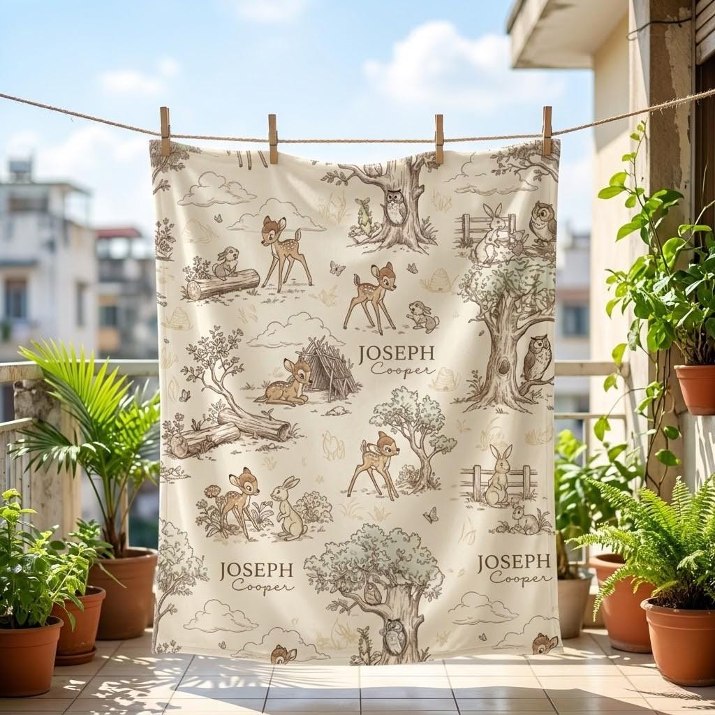 Bambi Thumper Personalized Woven Blanket, Custom Disney Forest Nursery Decor, Woodland Deer Baby Shower Gift, Bambi Nursery Plushy Blanket