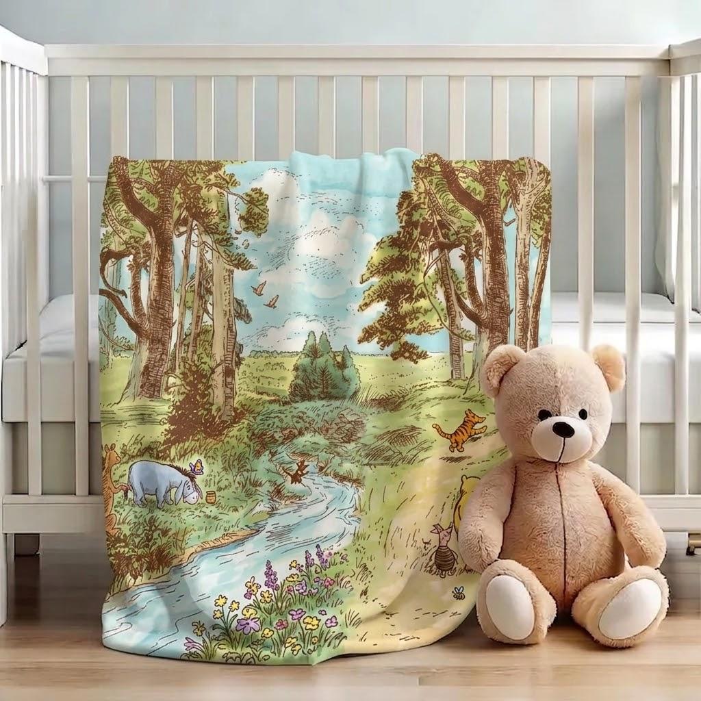 Vintage Hundred Acre Wood Blankets, Pooh Bear Blanket, Winnie The Pooh Blanket for Kids, Winnie Pooh Nursery Blanket