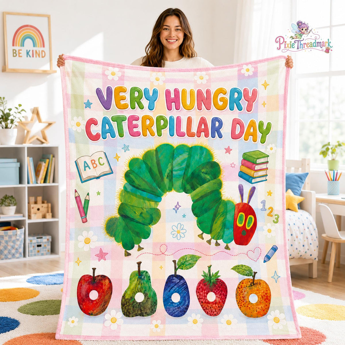 The Very Hungry Caterpillar Blanket, Caterpillar Fruit Blanket, Early Learning Throw, Classroom Reading Gift, Teacher Gift