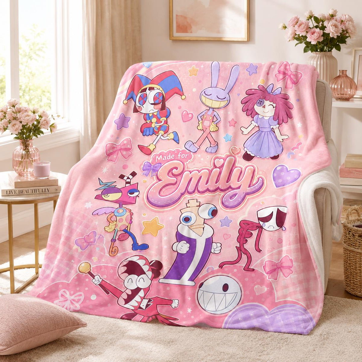 Personalized Flannel Blanket for Girls, Custom Name Digital Circus Throw, Cute tadc Fan Gift, Cozy Birthday Blanket, Circus Character Decor
