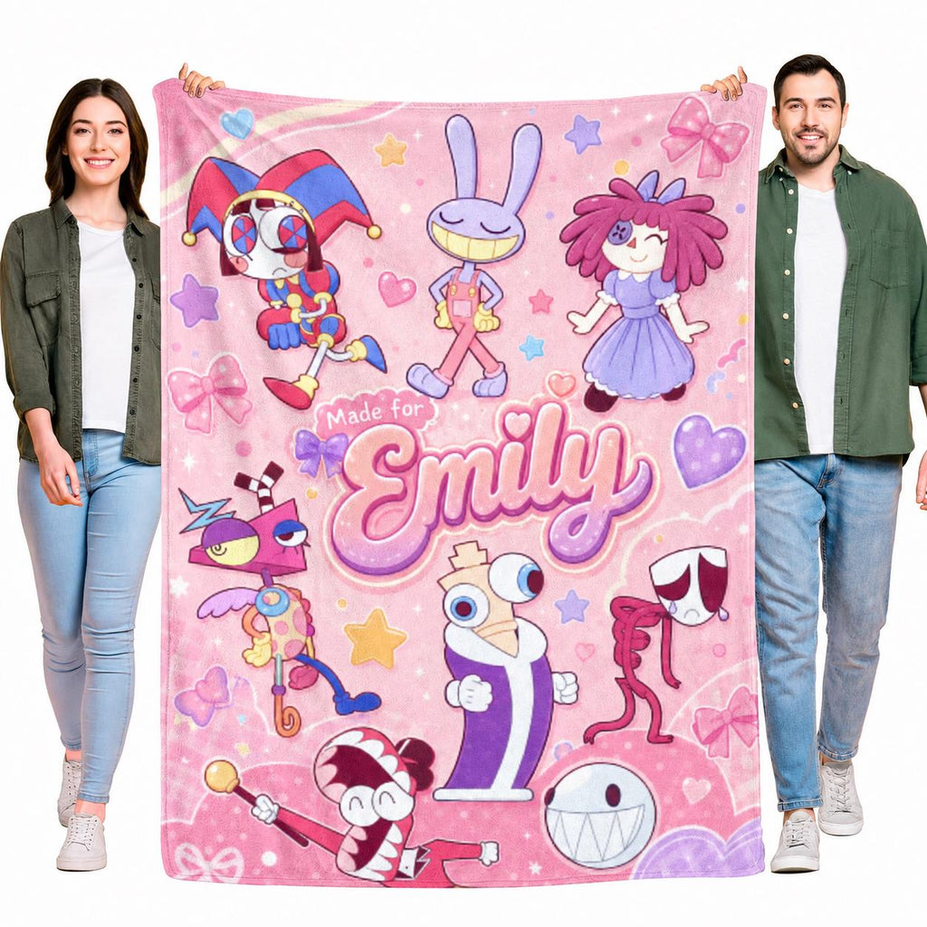 Personalized Flannel Blanket for Girls, Custom Name Digital Circus Throw, Cute tadc Fan Gift, Cozy Birthday Blanket, Circus Character Decor