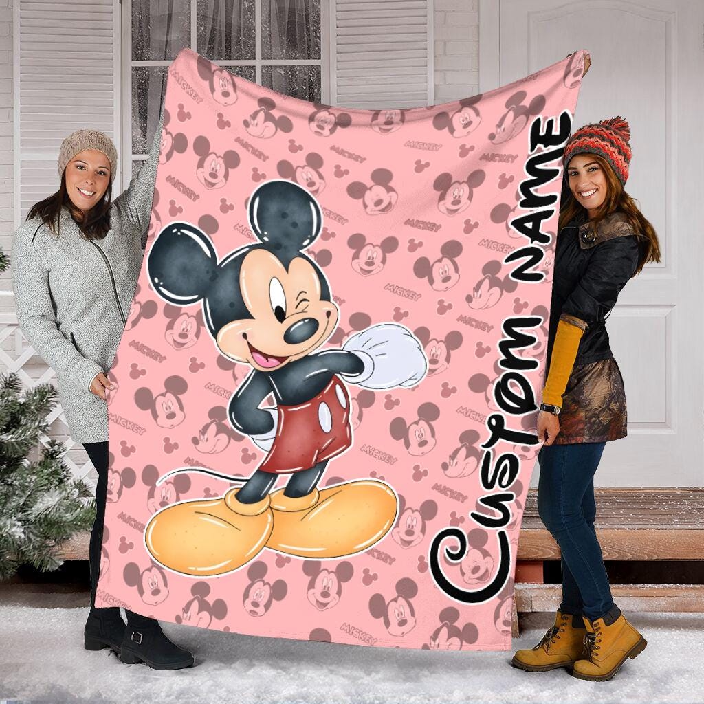 Personalized Mickey Mouse Blanket, Custom Name Pink Disney Blanket for Kids, Cute Cartoon Fleece Throw, Baby Shower Toddler Birthday Gift