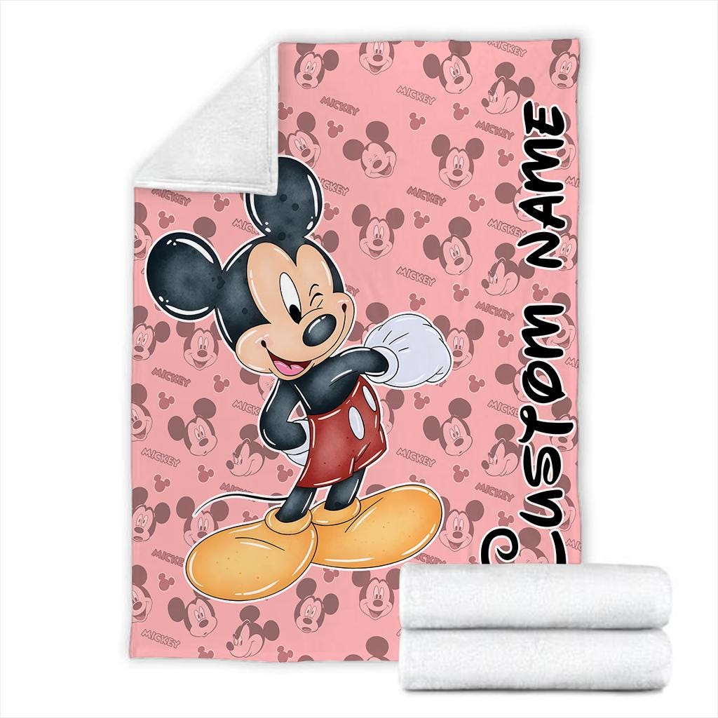 Personalized Mickey Mouse Blanket, Custom Name Pink Disney Blanket for Kids, Cute Cartoon Fleece Throw, Baby Shower Toddler Birthday Gift