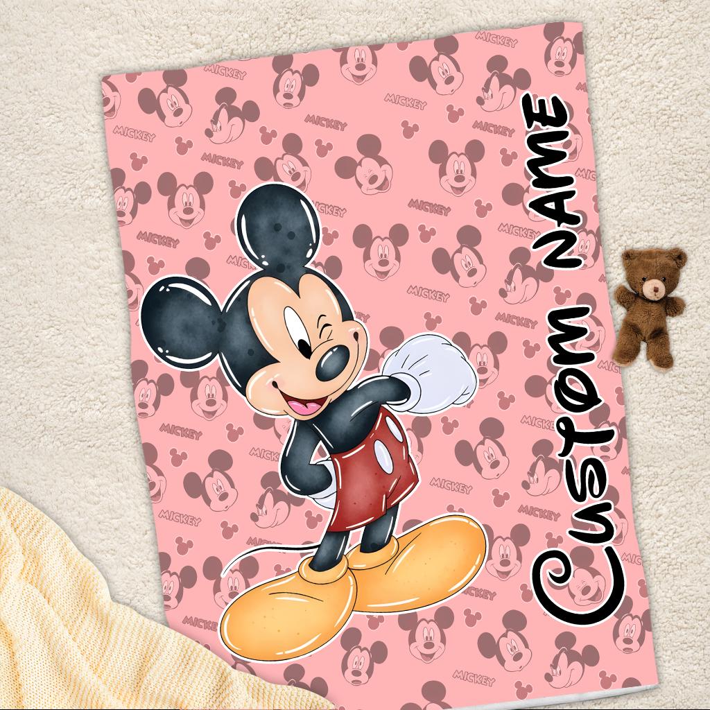 Personalized Mickey Mouse Blanket, Custom Name Pink Disney Blanket for Kids, Cute Cartoon Fleece Throw, Baby Shower Toddler Birthday Gift