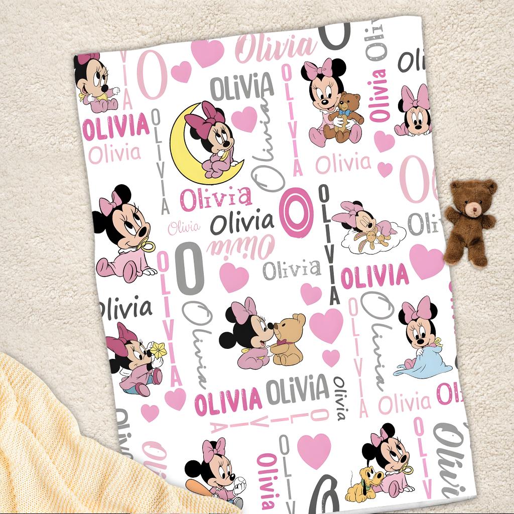 Personalized Minnie Mouse Baby Blanket, Custom Name Pink Disney Blanket for Girls, Cute Toddler Fleece Throw, Newborn Gift, Gift For Girl