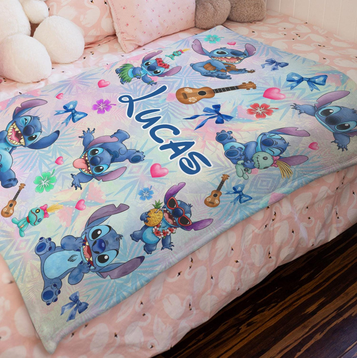 Custom Name Disney Stitch Blanket, Personalized Watercolor Stitch Blanket,Kid Name Blanket, Birthday Boy Girl Blanket, Disney Fan Gift