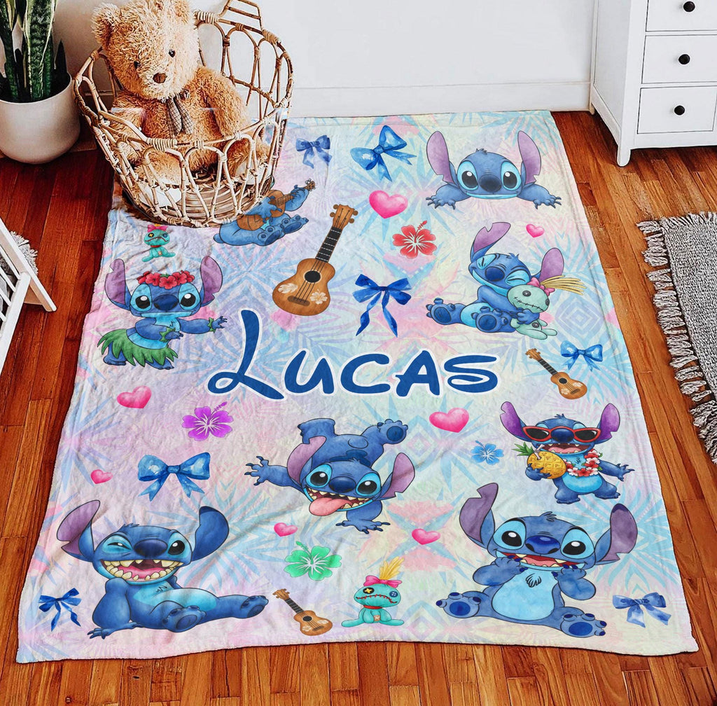 Custom Name Disney Stitch Blanket, Personalized Watercolor Stitch Blanket,Kid Name Blanket, Birthday Boy Girl Blanket, Disney Fan Gift