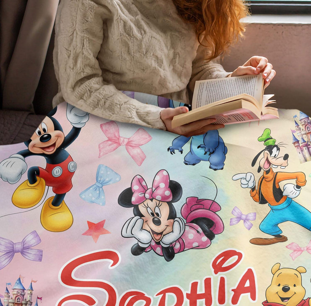 Custom Name Mouse And Friends Blanket, Personalized Watercolor Mouse And Friends Blanket, Disney Blanket for Kid, Cartoon Kid Blanket