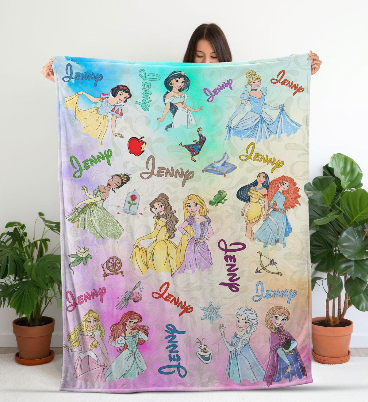 Personalized Watercolor Disney Princess Blanket, Custom Name Disney Princess Blanket, Disney Blanket for Kid, Disneyland Baby Girl Trip