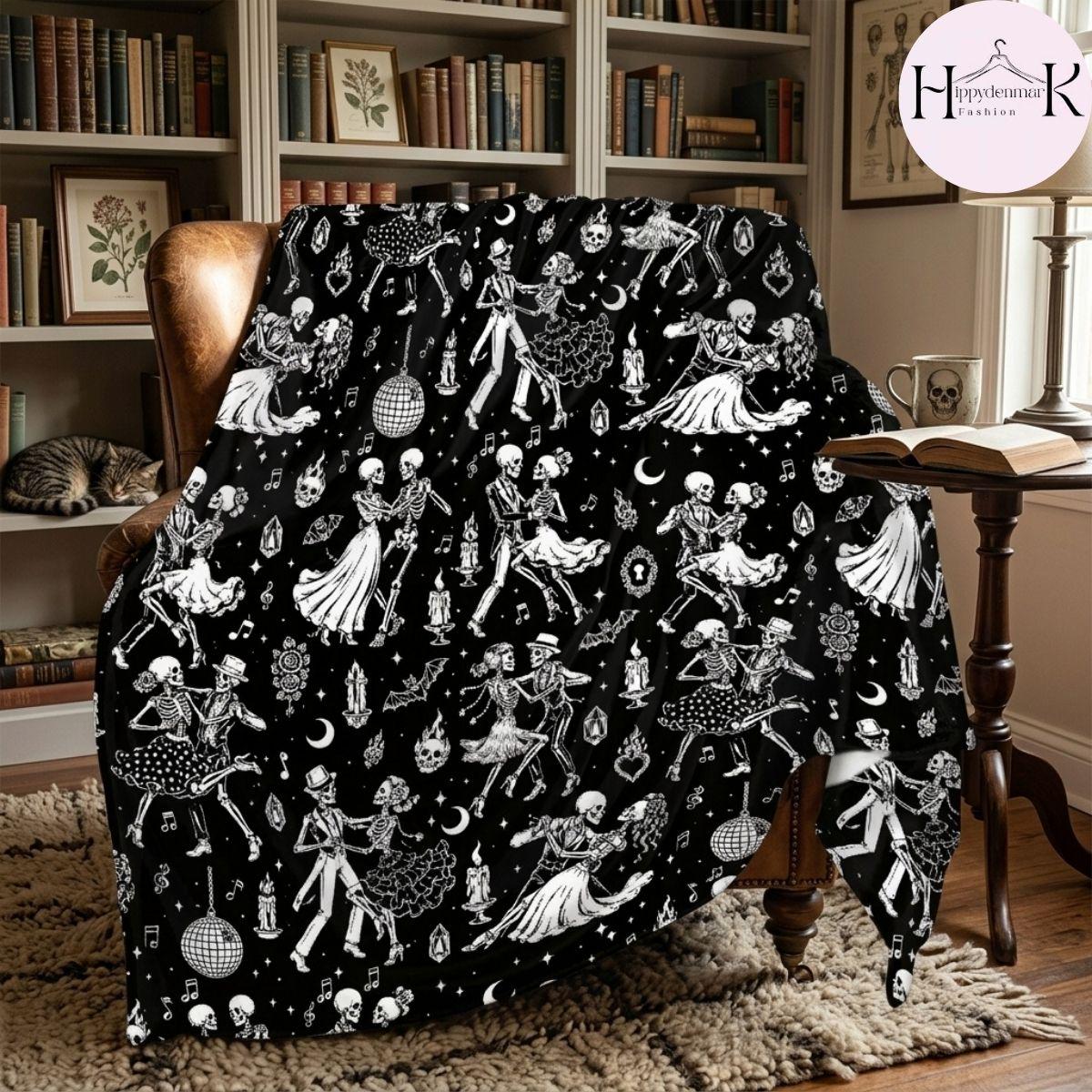 Dancing Skeleton Fleece Blanket, Vintage Gothic Throw, Dark Academia Couch Blanket, Halloween Decor