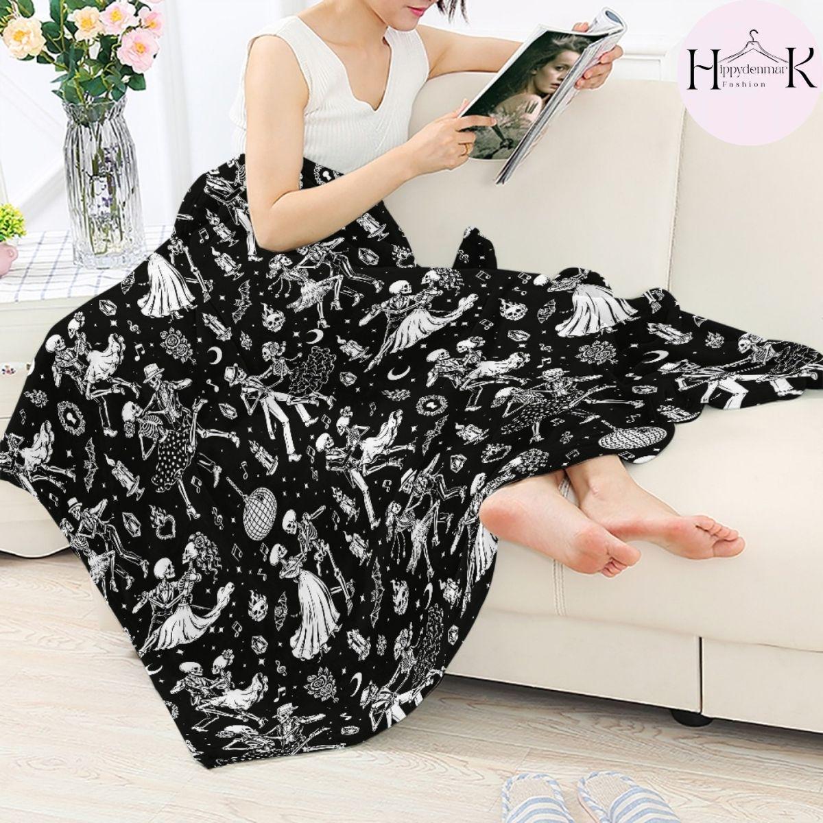 Dancing Skeleton Fleece Blanket, Vintage Gothic Throw, Dark Academia Couch Blanket, Halloween Decor