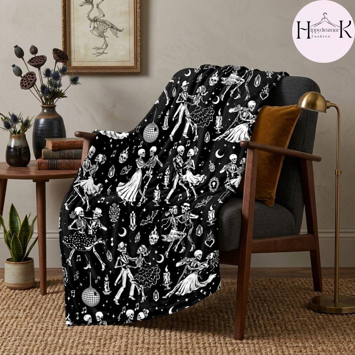 Dancing Skeleton Fleece Blanket, Vintage Gothic Throw, Dark Academia Couch Blanket, Halloween Decor
