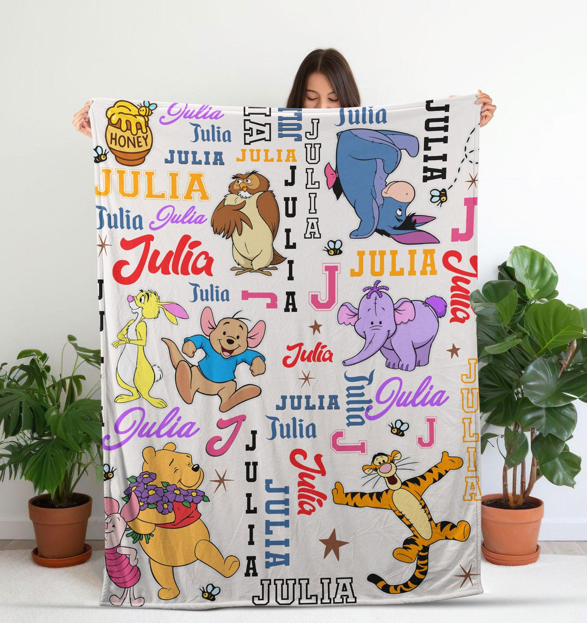 Personalized Disney Pooh Blanket, Custom Name Pooh And Friends Blanket, Vintage Winnie The Pooh Blanket, Baby Shower Gift, Disney Home Decor