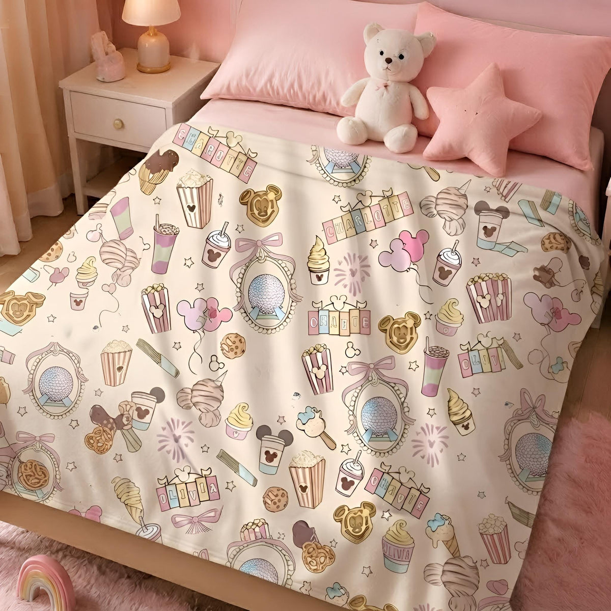 Custom Name Disney World Blanket, Mickey Snacks Cozy Throw For Disney, Disney Epcot Snacking Around the World Blanket
