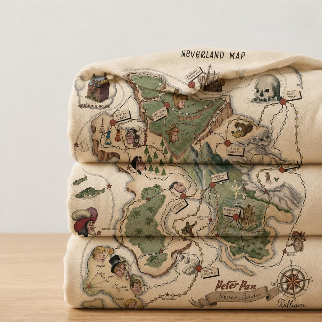 Neverland Map Fleece Blanket, Soft Cozy Peter Pan Inspired Blanket, Custom Name Peter Pan Blanket, Peter Pan Nursery Decor