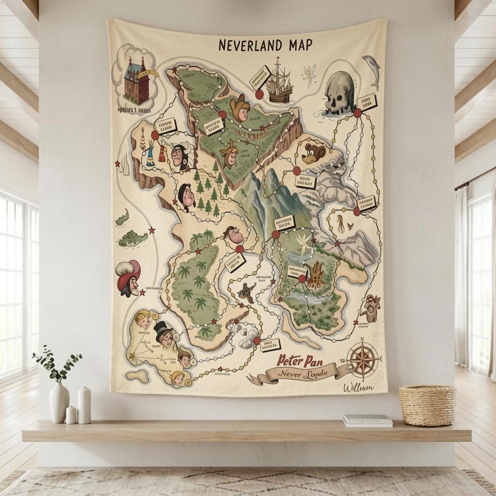 Neverland Map Fleece Blanket, Soft Cozy Peter Pan Inspired Blanket, Custom Name Peter Pan Blanket, Peter Pan Nursery Decor