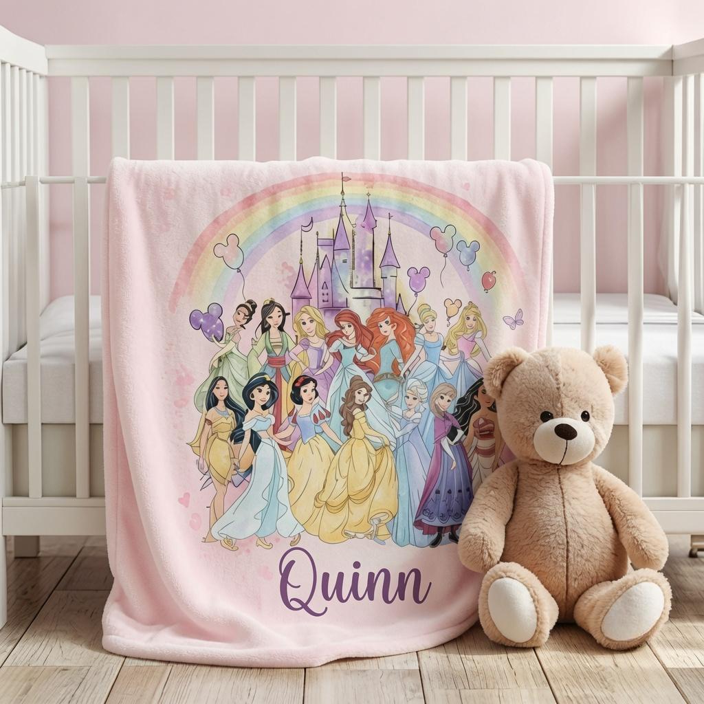Personalized Disney Coquette Watercolor Blanket, Custom Name Disney Princess Blanket, Magic Kingdom Blanket, Disneyland Blanket