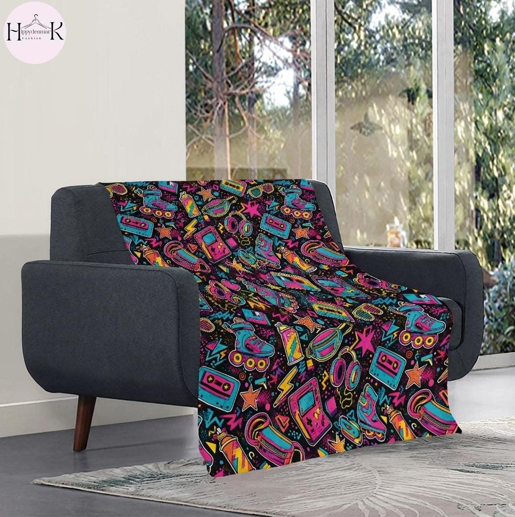 Retro 80s 90s Throw Blanket, Neon Roller Skate Blanket, Vaporwave Arcade Fleece, Retro Cassette Gamer Room Decor Gift