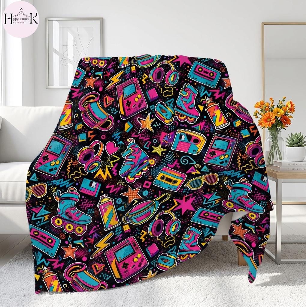 Retro 80s 90s Throw Blanket, Neon Roller Skate Blanket, Vaporwave Arcade Fleece, Retro Cassette Gamer Room Decor Gift