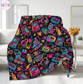Retro 80s 90s Throw Blanket, Neon Roller Skate Blanket, Vaporwave Arcade Fleece, Retro Cassette Gamer Room Decor Gift