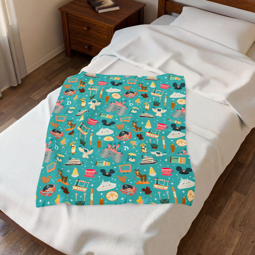 Theme Park Icons Pattern Velveteen Plush Blanket | Disney Fan Throw, Gift for Disney Lover