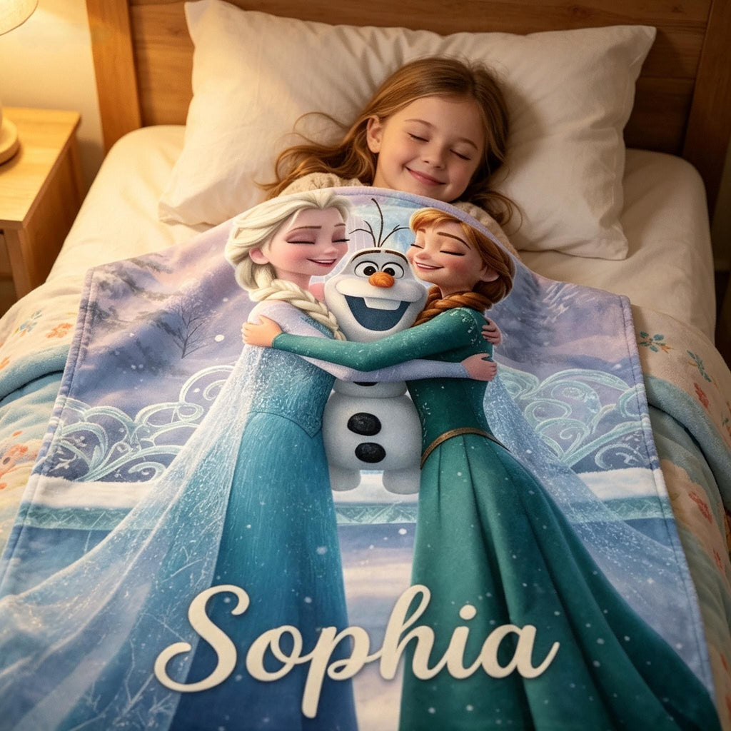 Frozen Sisters Elsa & Anna Blanket with Olaf, Snow Queen Throw, Winter Princess Gift, Christmas Birthday Kids Blanket