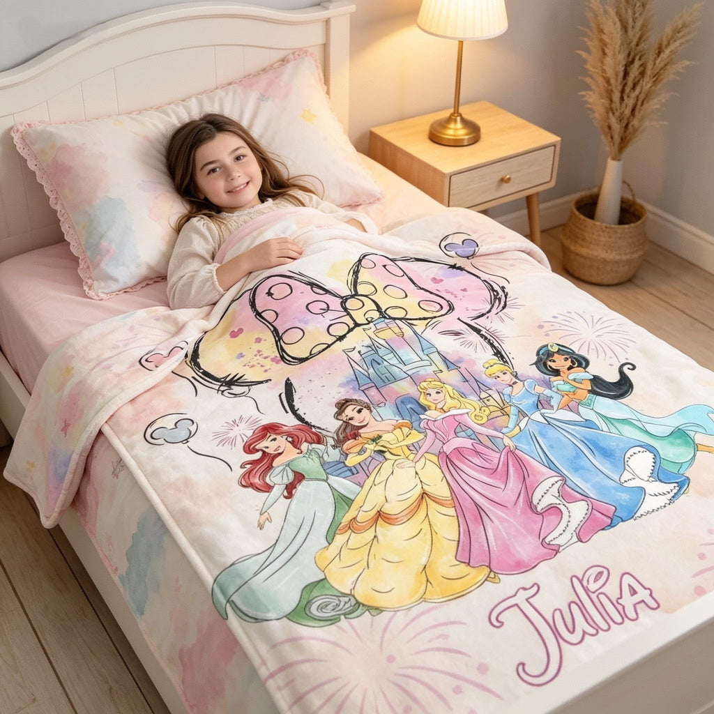 Disney Princess Blanket, Ariel Belle Aurora Cinderella Jasmine Throw, Custom Name Princess Bedding, Coquette Birthday Girl Gift