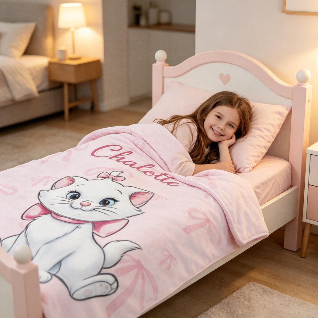 Personalized Marie Cat Blanket, Cute Aristocats Pink Bow Throw, Custom Name Kids Blanket, Adorable Kitten Gift for Girls