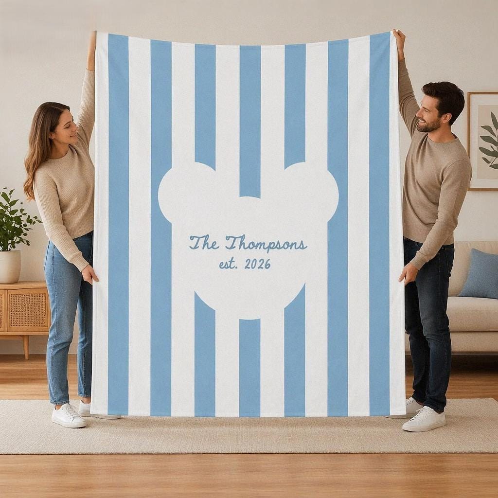 Personalized Mickey Couple Blanket, Custom Blue Stripe Throw with Name and Established Year, Disney Inspired Romantic Gift