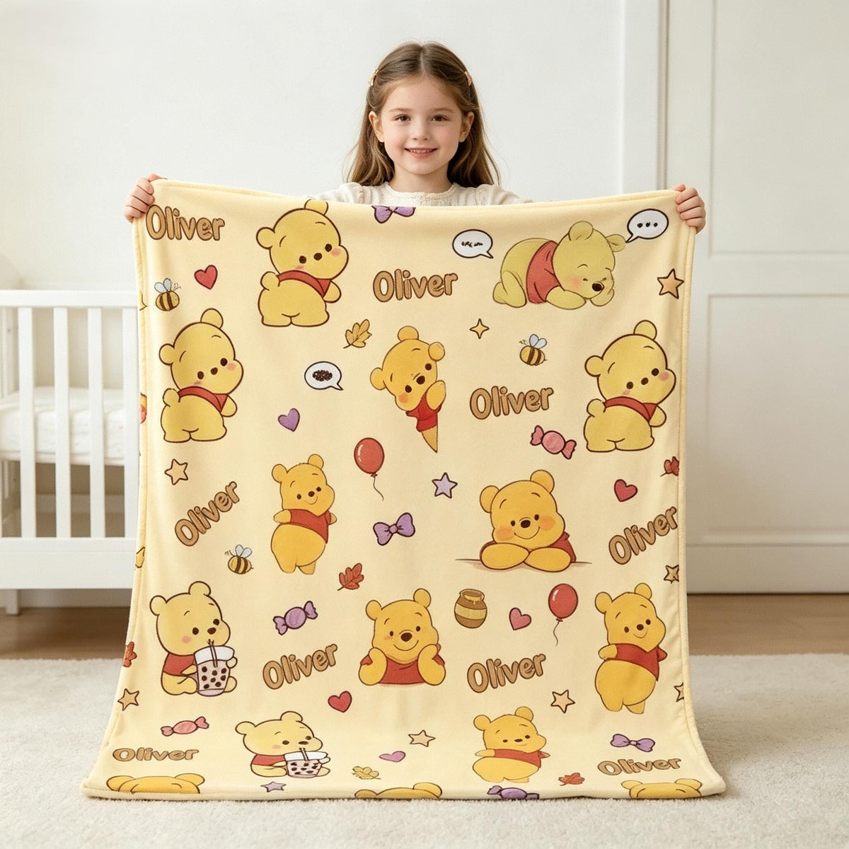 Personalized Winnie the Pooh Blanket, Custom Name Pooh Bear Throw, Cute Kids Cartoon Blanket, Baby Birthday Gift