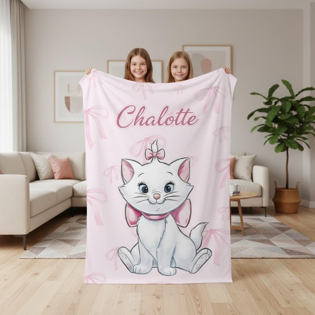Personalized Marie Cat Blanket, Cute Aristocats Pink Bow Throw, Custom Name Kids Blanket, Adorable Kitten Gift for Girls